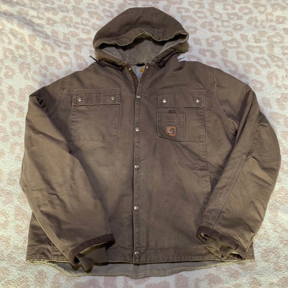 Carhartt Hooded Jacket Brown Canvas Sherpa Lined Mens Large